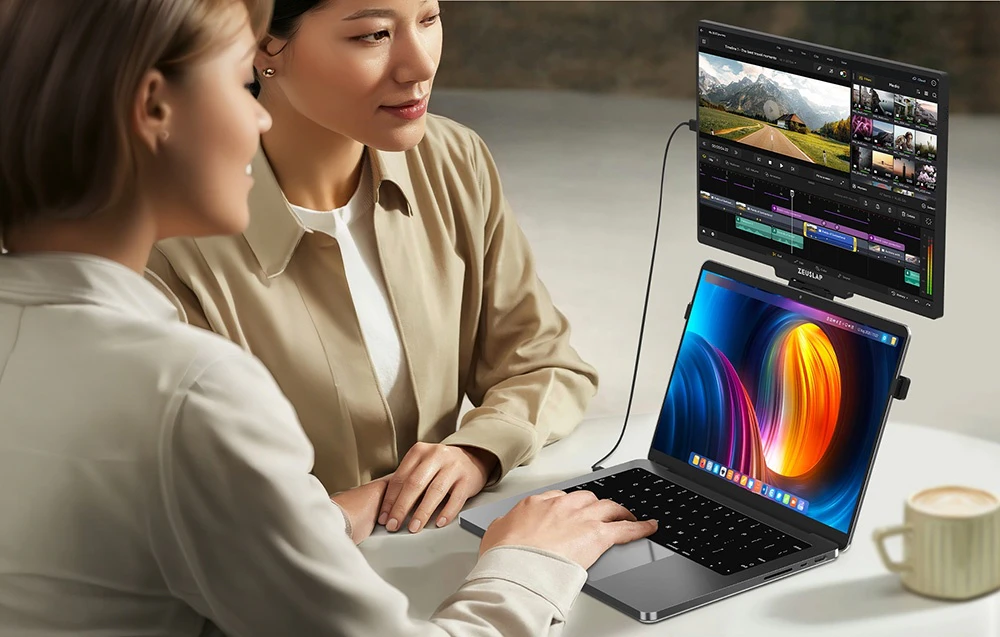 Două femei lucrând la un laptop cu un monitor ZEUSLAP suplimentar, care afișează interfața editorului