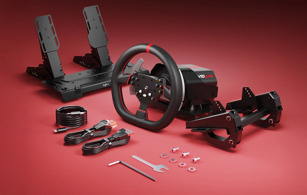 Kit complet PXN-V10 Ultra cu volan, pedale, cabluri și accesorii de montare prezentate în roșu