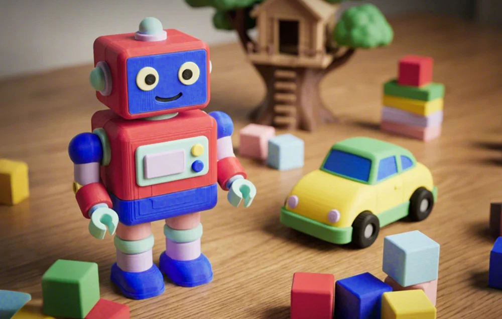 Un robot colorat, asemănător unei jucării, cu o față zâmbitoare, așezat pe o masă de lemn lângă o mașinuță și cuburi de construcție.