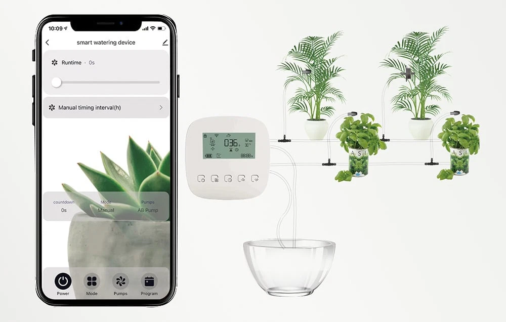 Diagramă care arată controlerul conectat la un vas cu apă și patru plante în ghiveci lângă un smartphone cu aplicația