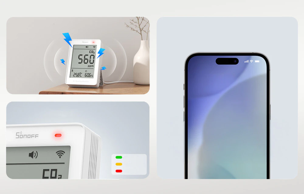 3 moduri de a primi notificări de la aparatul de măsurare a calității aerului: alarmă sonoră, alarmă luminoasă și alerte telefonice