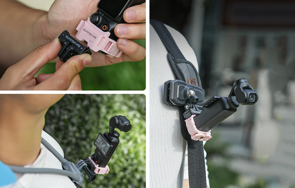 Trei fotografii care prezintă montarea camerei DJI Pocket cu suportul roz pe o curea de rucsac folosind un adaptor