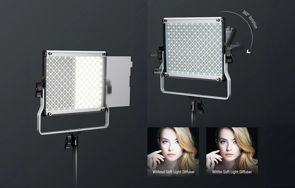 Panou LED cu unghi reglabil și difuzor de lumină detașabil, cu comparație a efectului cu și fără lumină difuză