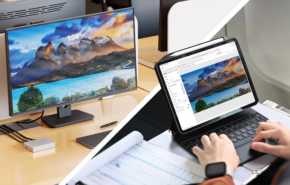 Colaj: un monitor cu un comutator KVM pe un birou și mâini care tastează pe o tabletă cu o tastatură conectată.