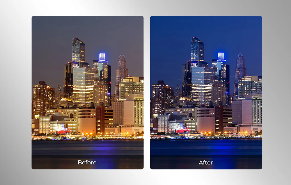 Comparație între fotografii ale unei panorame nocturne a orașului înainte și după reducerea poluării luminoase.