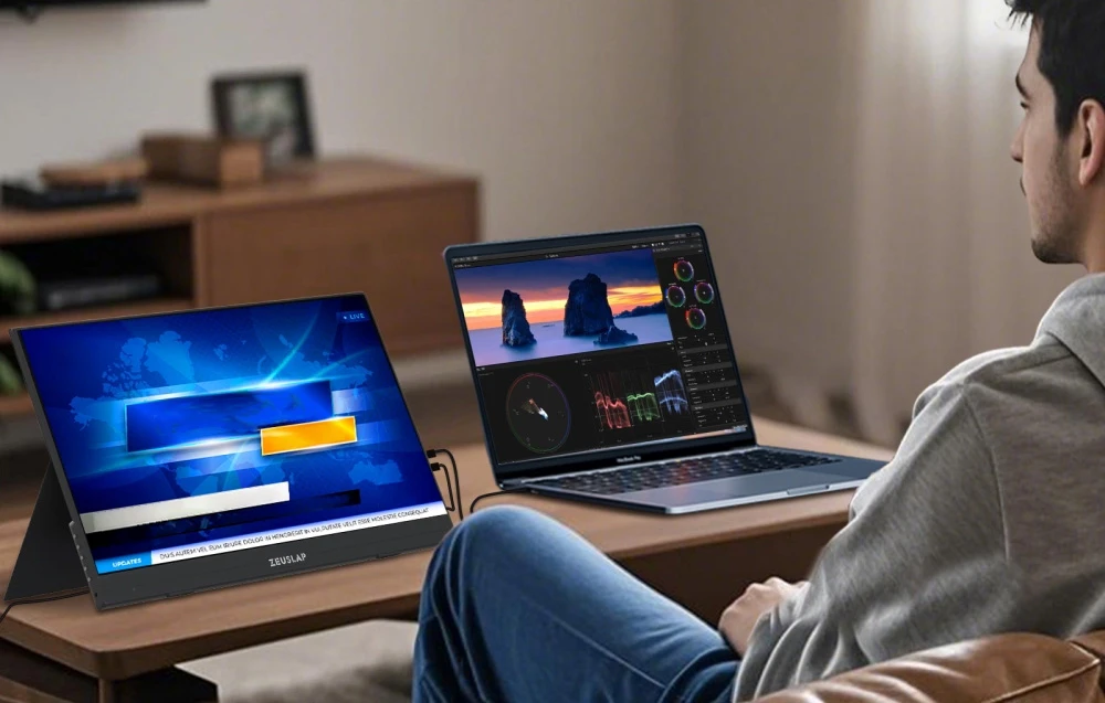 Un bărbat pe o canapea, folosind un laptop și un monitor portabil ZEUSLAP ca ecran secundar pentru editare video