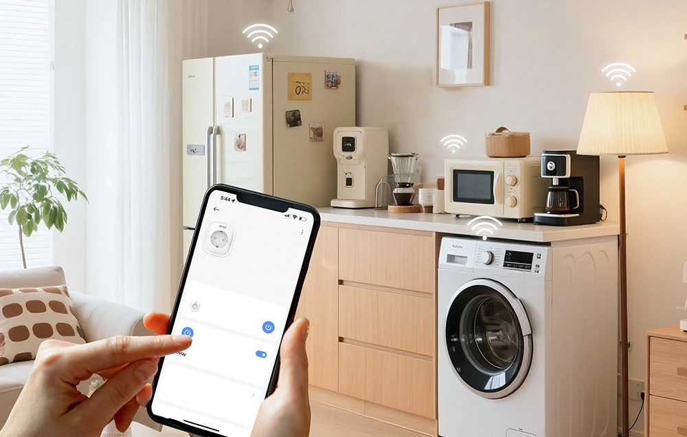 O persoană care utilizează aplicația pentru a controla prizele din bucătărie, cu diverse aparate electrocasnice marcate cu pictograme Wi-Fi