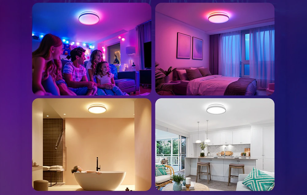 Patru designuri interioare diferite — living, dormitor, baie și bucătărie — iluminate cu culori diferite de lumină.