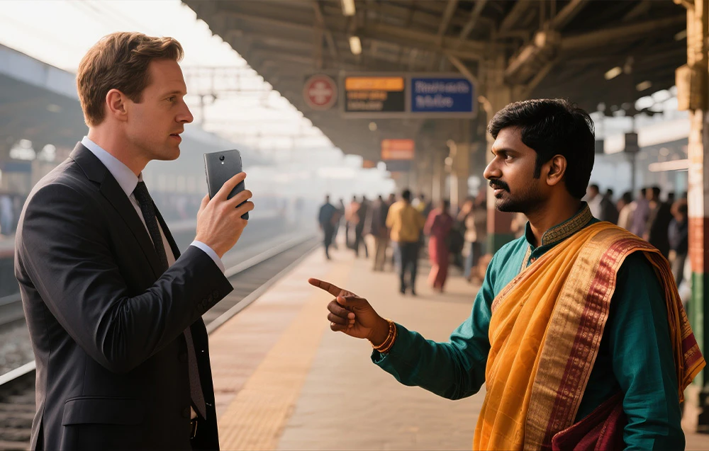 Un bărbat în costum stă într-o gară și traduce o conversație pe care o are cu un alt bărbat îmbrăcat în costum tradițional indian
