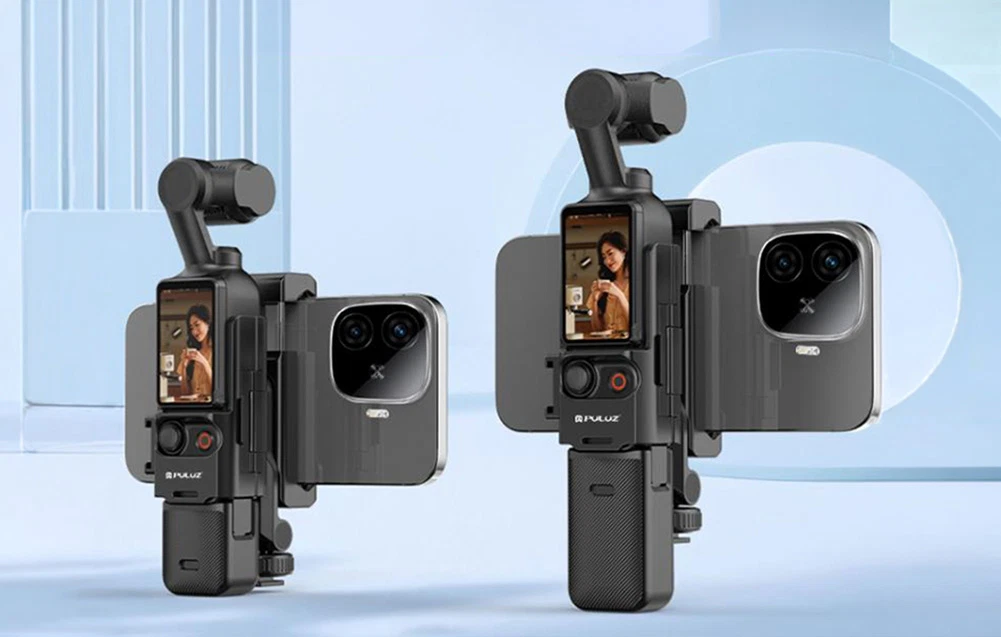Două suporturi de montare cu smartphone-uri pe un fundal albastru