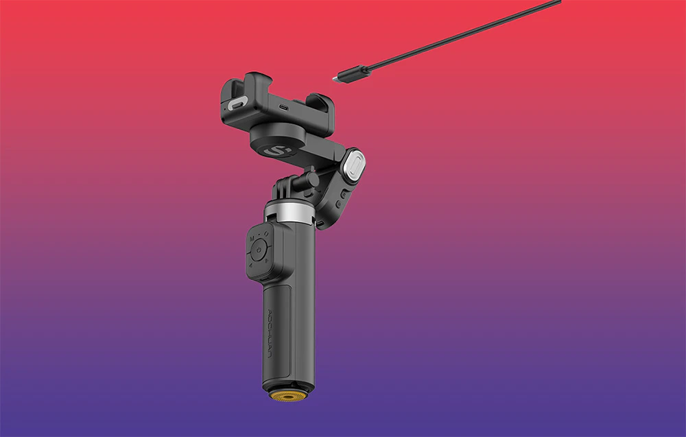 Gimbal fără smartphone, cu un cablu USB-C plutind deasupra suportului pe un fundal cu gradient roșu-violet.