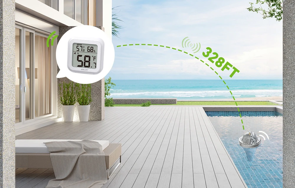 Senzor plutitor de temperatură pentru piscină conectat la un receptor situat în interiorul casei, la o distanță de 328 ft