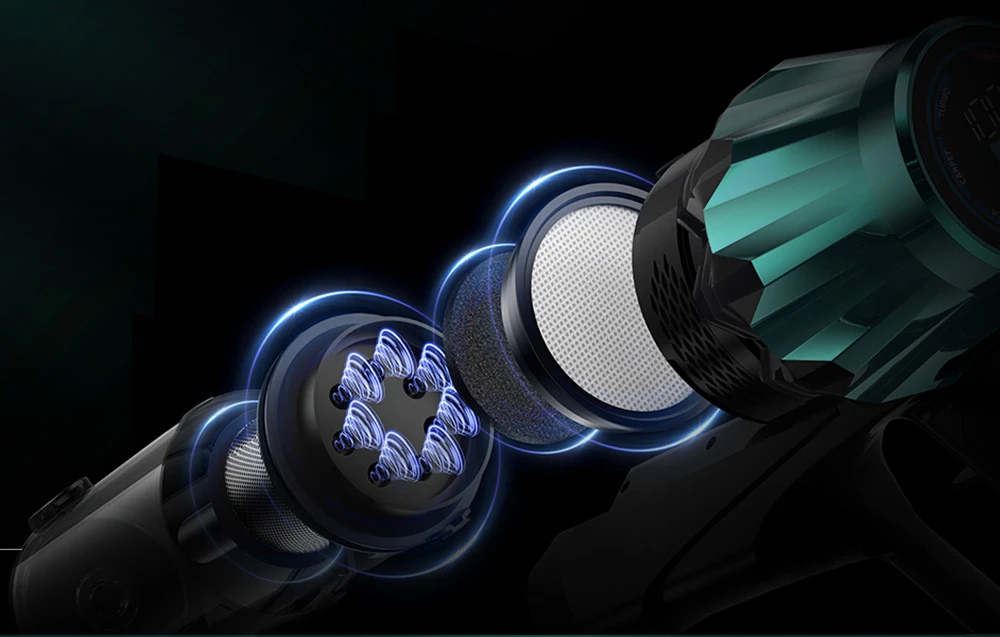 O secțiune transversală a unui filtru ciclonice multistrat dintr-un aspirator vertical negru și verde