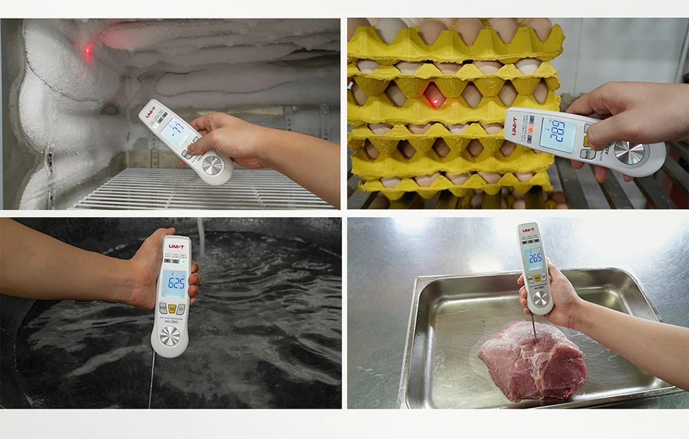 Patru exemple de utilizare a termometrului alimentar Uni-T: măsurători fără contact și măsurători cu ajutorul sondei pliabile.