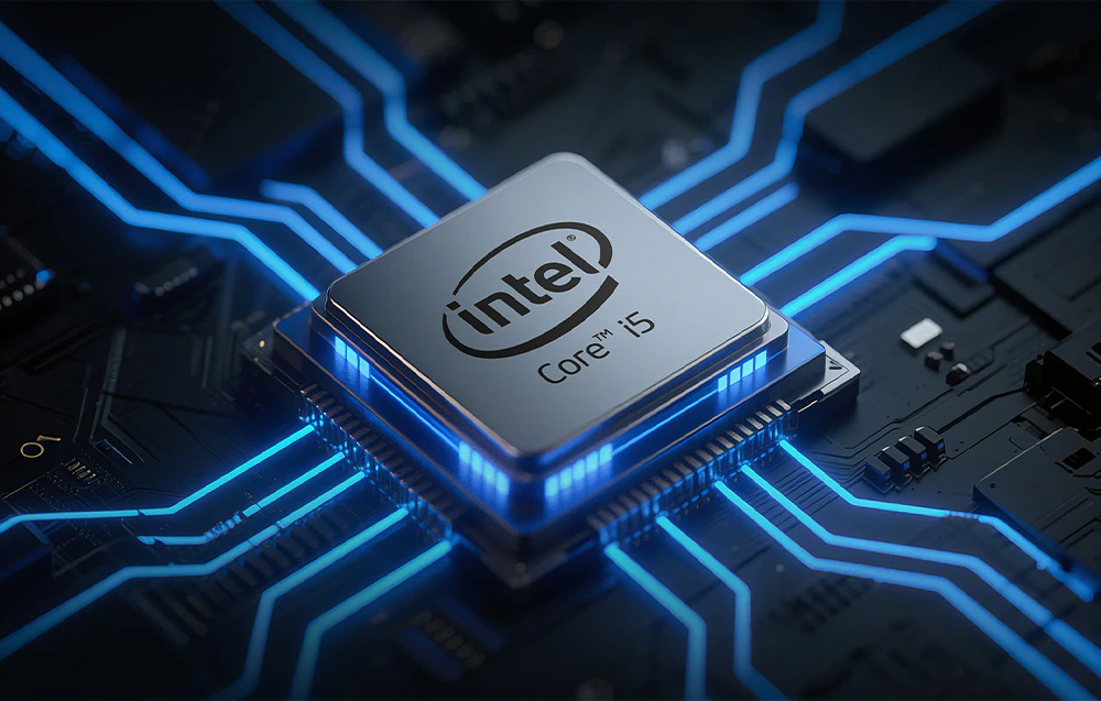 Un procesor de computer Intel Core I5 conectat la placa de bază, cu cabluri iluminate.