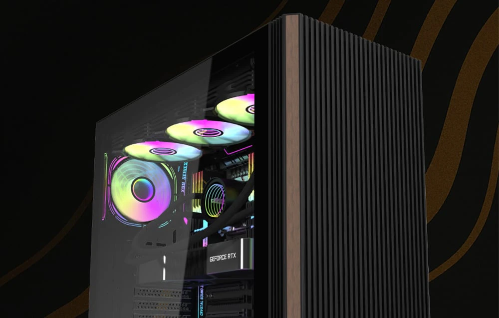 Carcasă de computer neagră cu panou lateral din sticlă și panou frontal negru și maro.