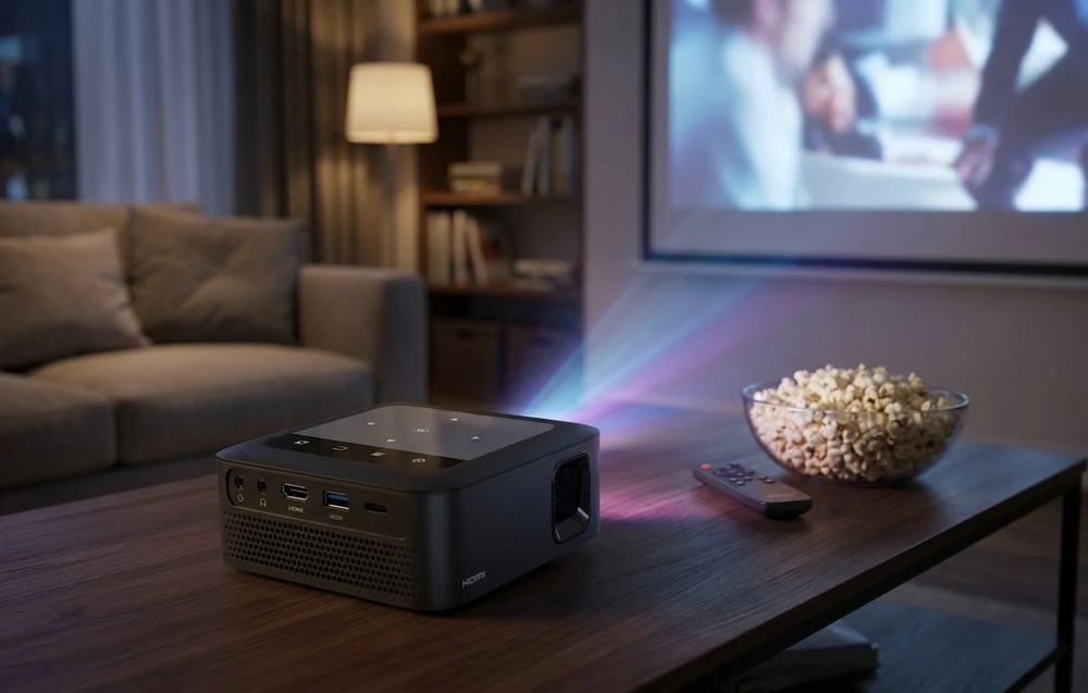 Un proiector care emite lumină colorată stă pe o masă de lemn lângă popcorn și o telecomandă într-un living cu ecran
