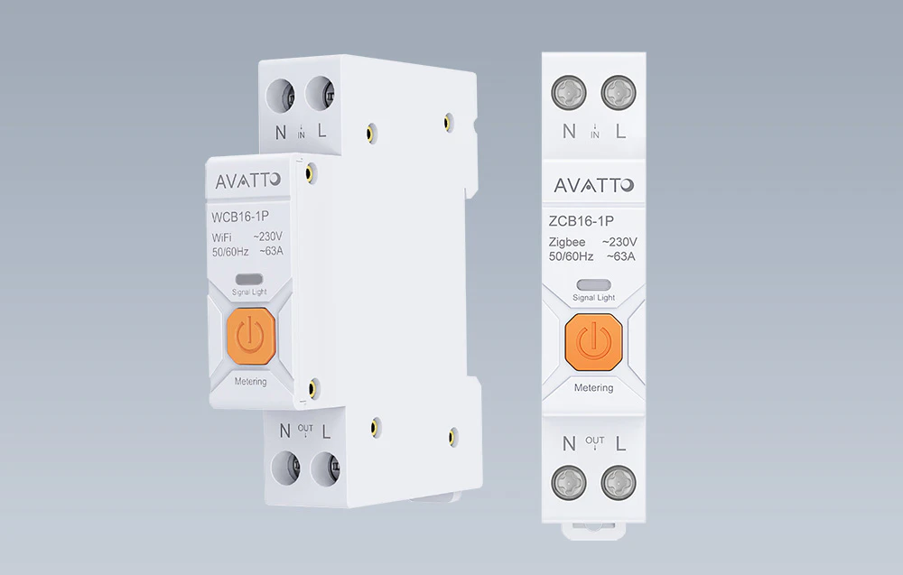 Compararea a două module AVATTO - WiFi WCB16-1P și Zigbee ZCB16-1P cu butoane portocalii pe un fundal gri