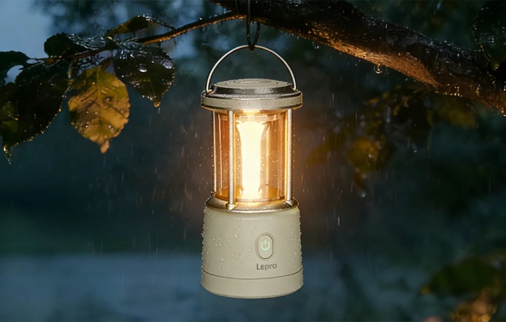 O lanternă de camping, care emană o lumină caldă, atârnă de o ramură de copac în timpul unei furtuni puternice de noapte.
