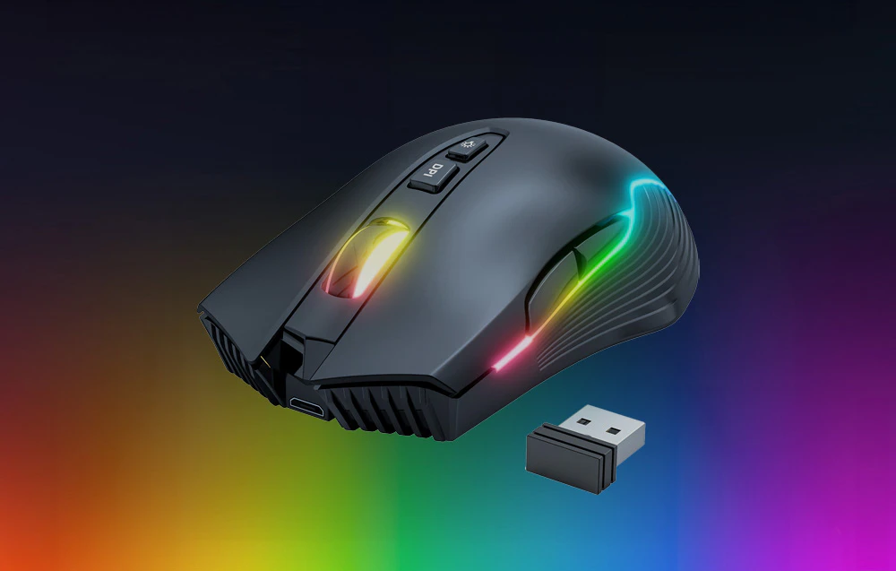 Mouse de gaming fără fir Onikuma CW905 pe fundal colorat.