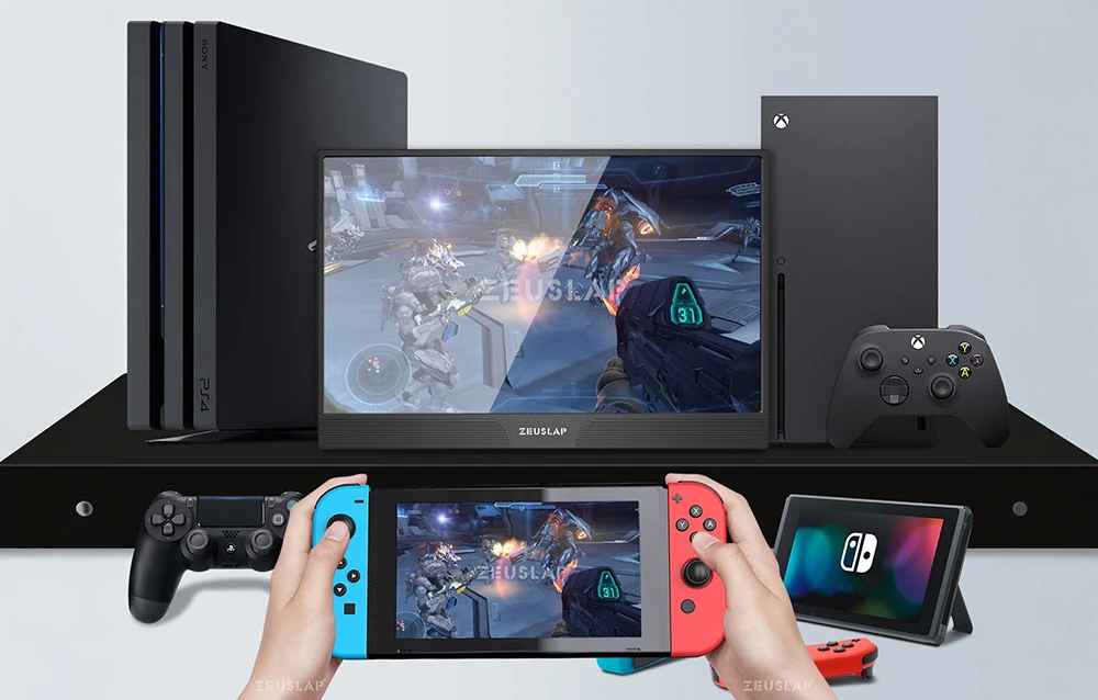 Un set de console de jocuri, inclusiv un PS4 Pro, Xbox Series X și Nintendo Switch, conectate la monitorul portabil ZEUSLAP