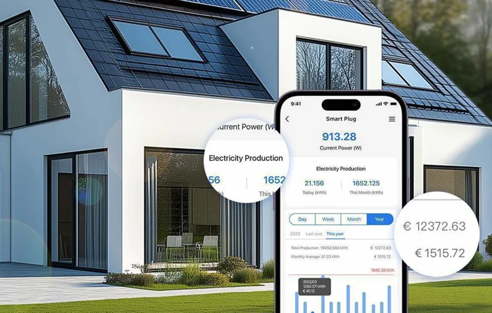 Casă albă cu panouri fotovoltaice pe acoperiș, în prim-plan un smartphone cu o aplicație care monitorizează producția și consumul de energie electrică