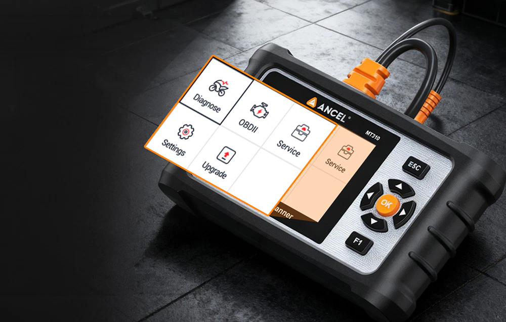 Scanerul de diagnosticare Ancel MT310 cu o imagine suprapusă care prezintă opțiunile din meniu: Diagnostic, OBDII, Service, Setări, Actualizare