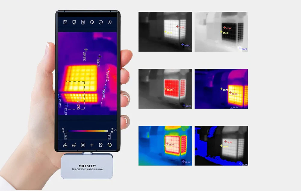 Ecranul telefonului afișează diverse palete de culori ale imaginii termice, variind de la alb-negru la multicolor.