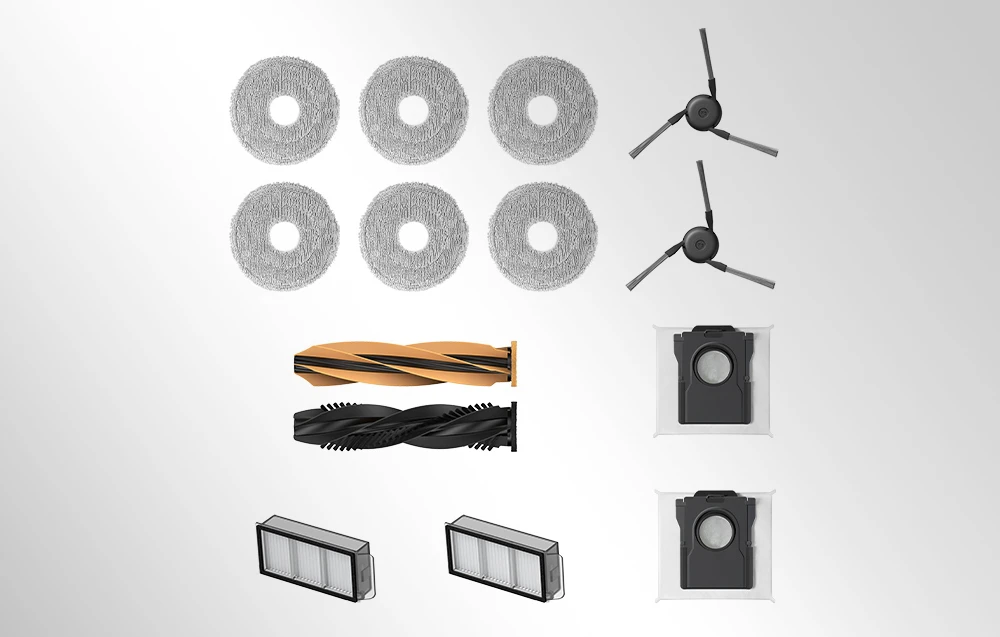 Set de accesorii pentru aspirator: șase discuri rotunde de ștergere, două perii laterale, două perii principale, două filtre și două pungi de praf.