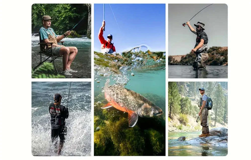Colaj de cinci fotografii cu pescari care pescuiesc în diferite locații râu lac și munți
