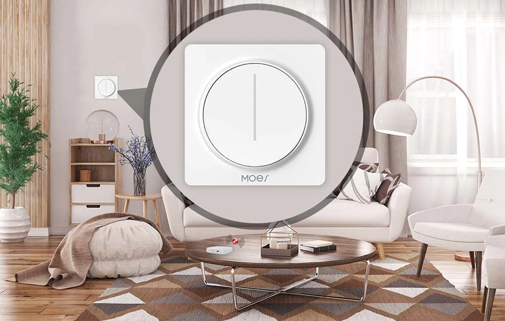Vizualizarea unui dimmer alb într-un living confortabil, cu un prim-plan al butonului rotund.