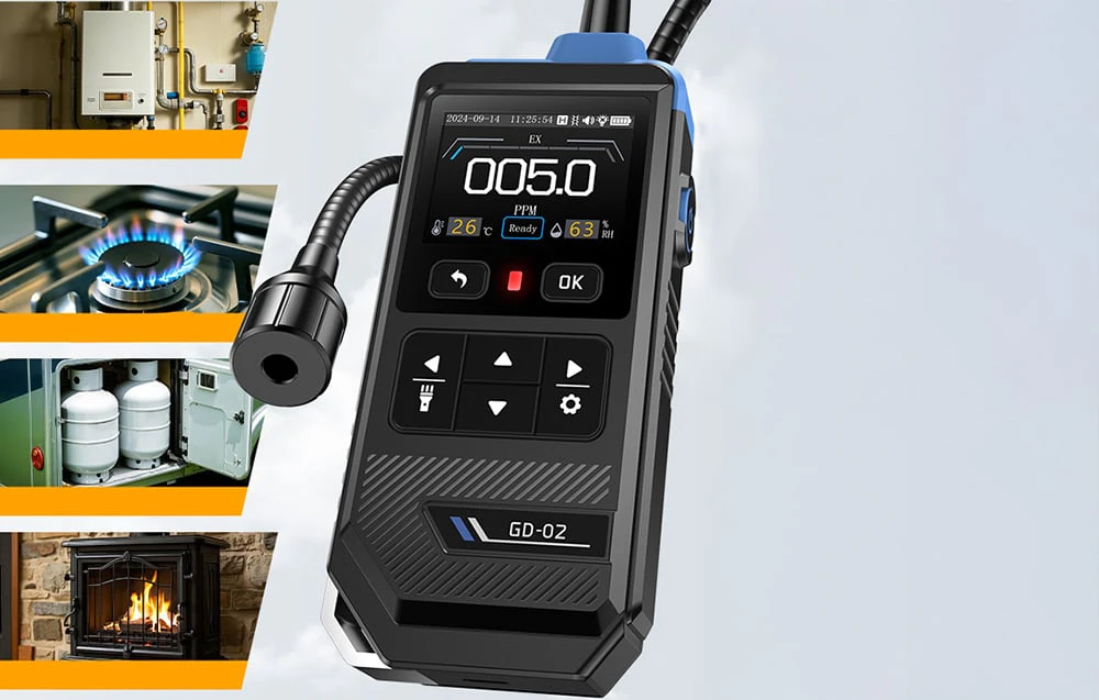 Detector FNIRSI GD-02 utilizat pe un aragaz și un sistem de încălzire într-o casă.