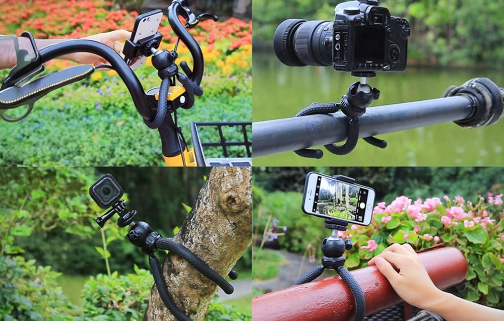 Trepied flexibil Octopus înfășurat în jurul ghidonului unei biciclete și al unui trunchi de copac, cu un telefon și o cameră foto în diverse configurații