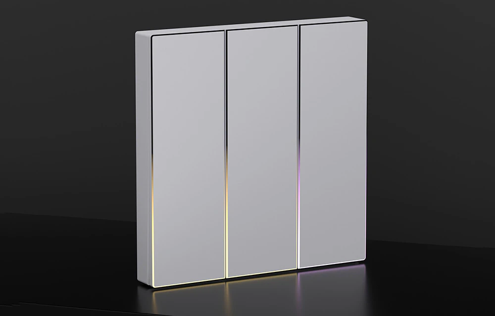 Comutator tactil triplu alb cu iluminare LED subtilă pe marginile fiecărui buton