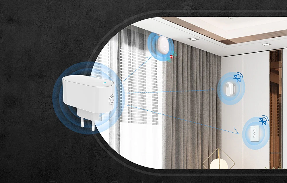 O ilustrație care arată conexiunea wireless a gateway-ului cu alte dispozitive într-o cameră luminoasă.