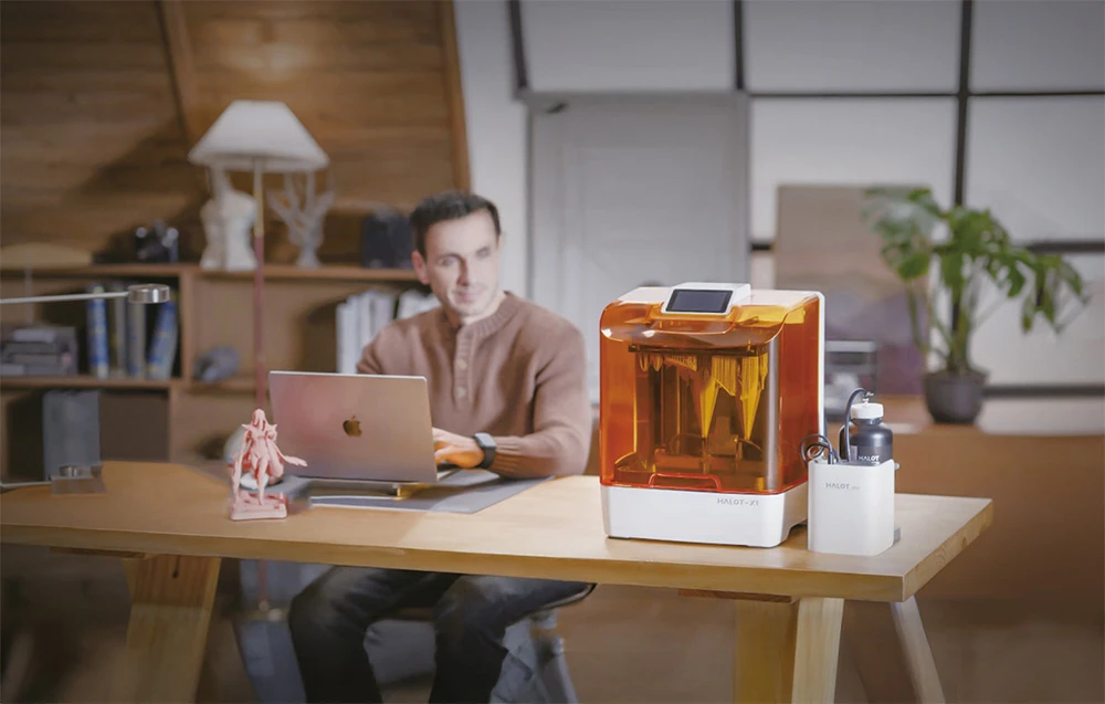 Imaginea 2: Bărbat lucrând la laptop la birou cu imprimantă din rășină și figurină într-un interior modern