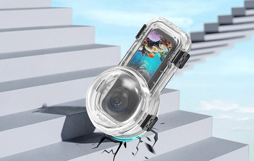 Carcasă impermeabilă Puluz 60 m cu montură cu eliberare rapidă pentru Insta360 X5 lovind scări gri