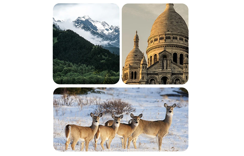 Peisaj montan, clădire istorică și animale într-o poiană de iarnă