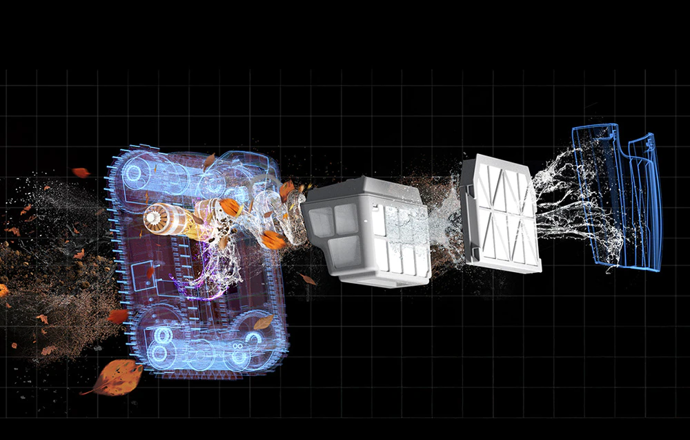 Diagrama tehnică a robotului cu coșuri de filtrare și interior vizibil
