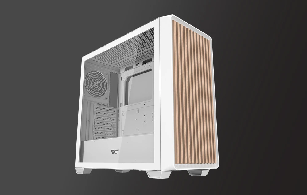 Carcasă albă pentru computer cu elemente din lemn pe fundal negru