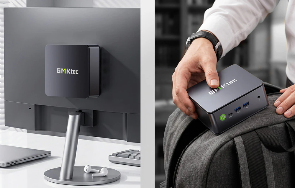 Mini-PC-ul GMKtec G11 montat pe spatele unui monitor și ținut în mână deasupra unui rucsac.