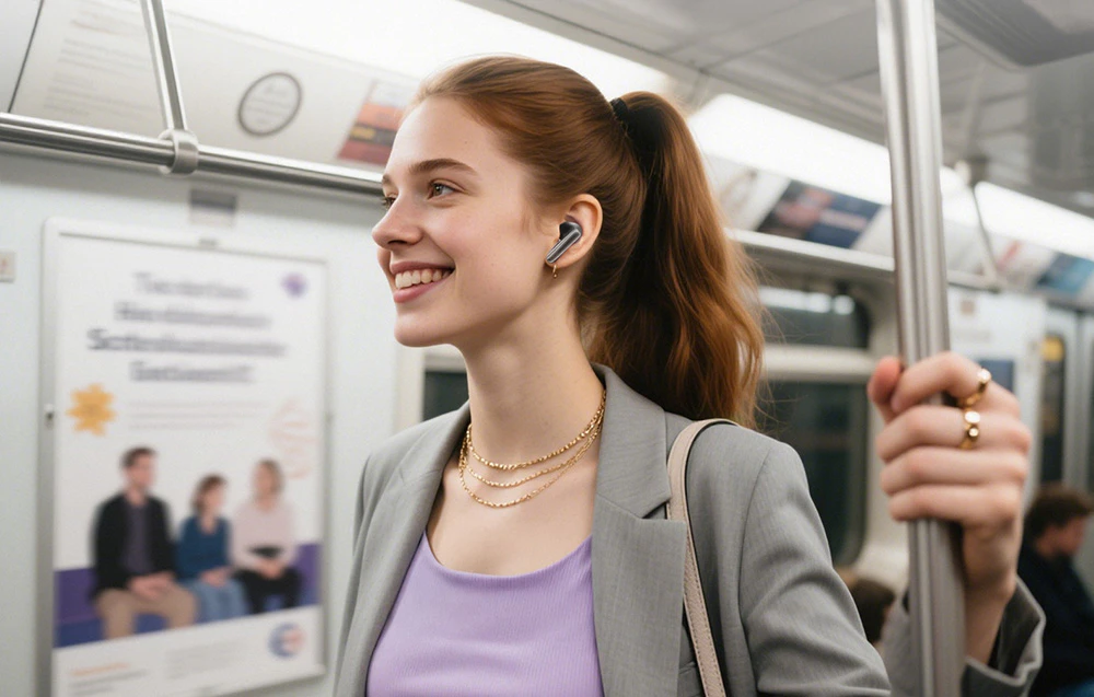 O tânără zâmbitoare îmbrăcată într-un blazer gri, cu o căști în ureche, ținându-se de o bară de susținere în metrou
