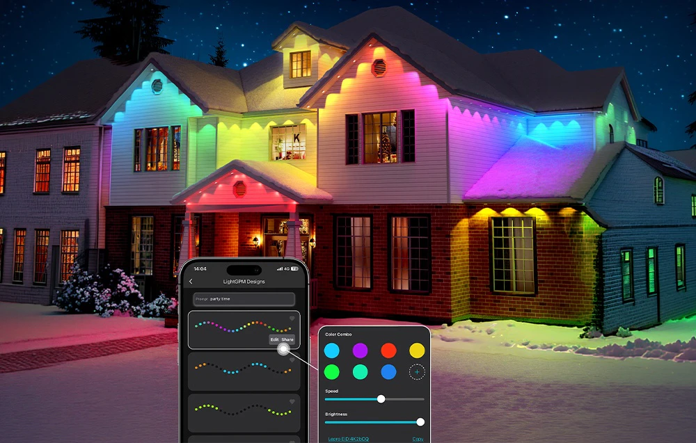 O casă mare iluminată cu lumini colorate, cu un smartphone în prim-plan pe care se afișează o aplicație de control al iluminatului