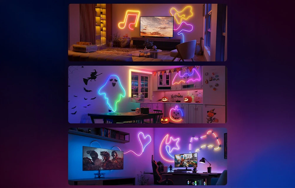 Trei imagini cu diferite amenajări interioare. Acestea prezintă iluminatul de neon într-un living, o bucătărie și o cameră de jocuri.