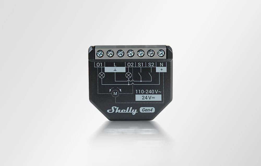 Modul releu Shelly Gen4 cu 7 terminale și diagramă de cablare, suport 110-240V și 24V DC
