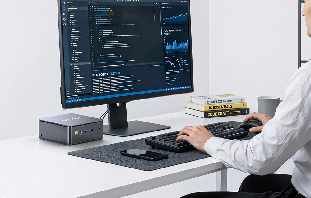 O persoană care lucrează la un birou cu un computer GMKtec G11 conectat la un monitor, o tastatură și un mouse.