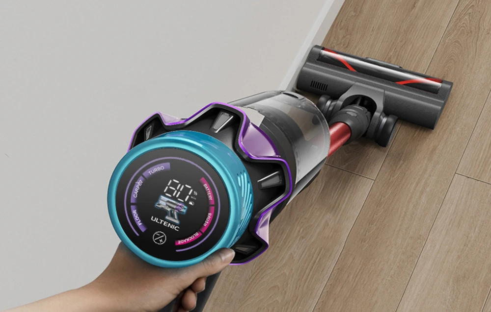 Aspirator vertical Ultenic cu afișaj LED color care indică nivelul de încărcare al bateriei și modul de funcționare