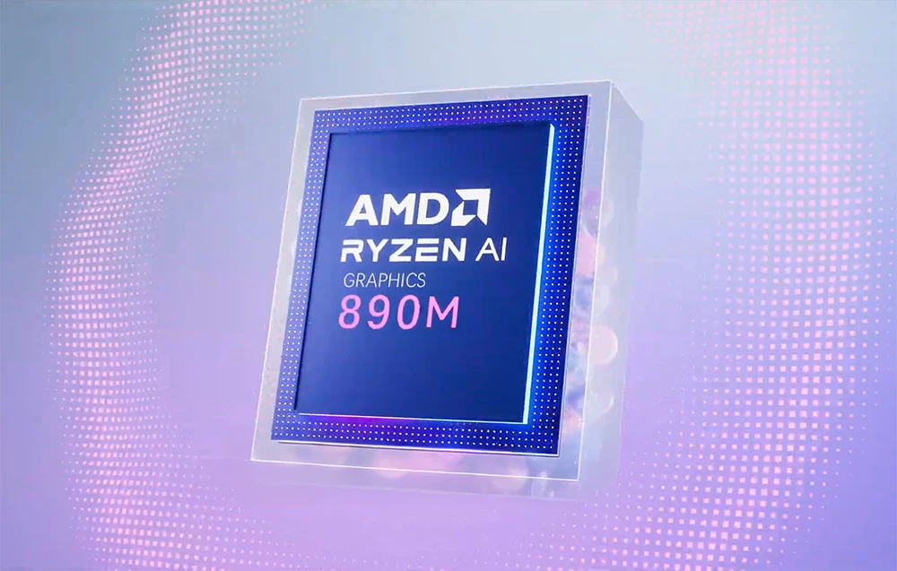 Prim-plan al cipului grafic AMD RYZEN AI Graphics 890M pe un fundal roz și albastru