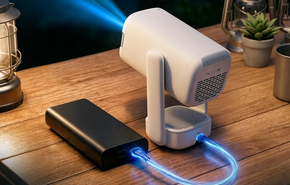 Prim-plan al părții din spate a proiectorului conectat printr-un cablu USB albastru luminos la o baterie externă neagră.