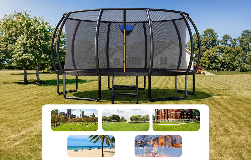 O trambulină de grădină cu plasă de siguranță instalată pe gazon, cu exemple de diverse scenarii de utilizare prezentate mai jos